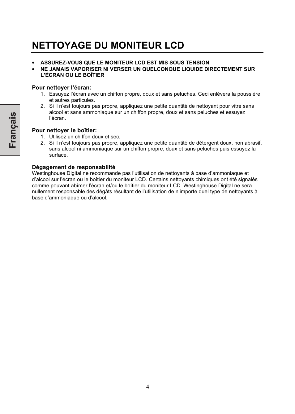 Nettoyage du moniteur lcd | Westinghouse LCM-22W3 User Manual | Page 26 / 64