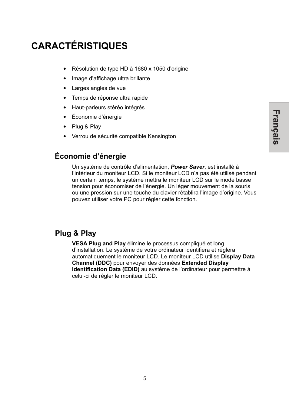 Caractéristiques | Westinghouse LCM-22W3 User Manual | Page 27 / 64