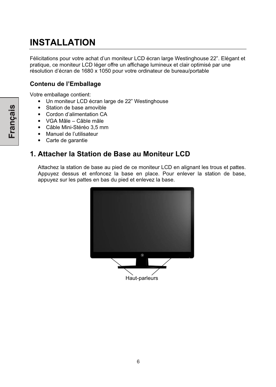 Installation, Attacher la station de base au moniteur lcd | Westinghouse LCM-22W3 User Manual | Page 28 / 64