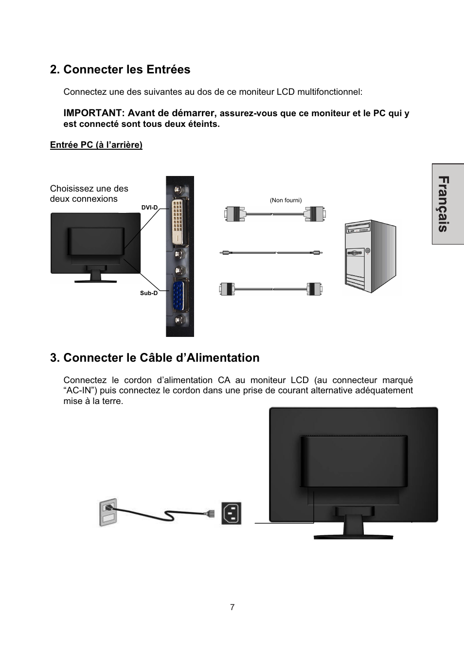 Connecter les entrées, Connecter le câble d’alimentation | Westinghouse LCM-22W3 User Manual | Page 29 / 64