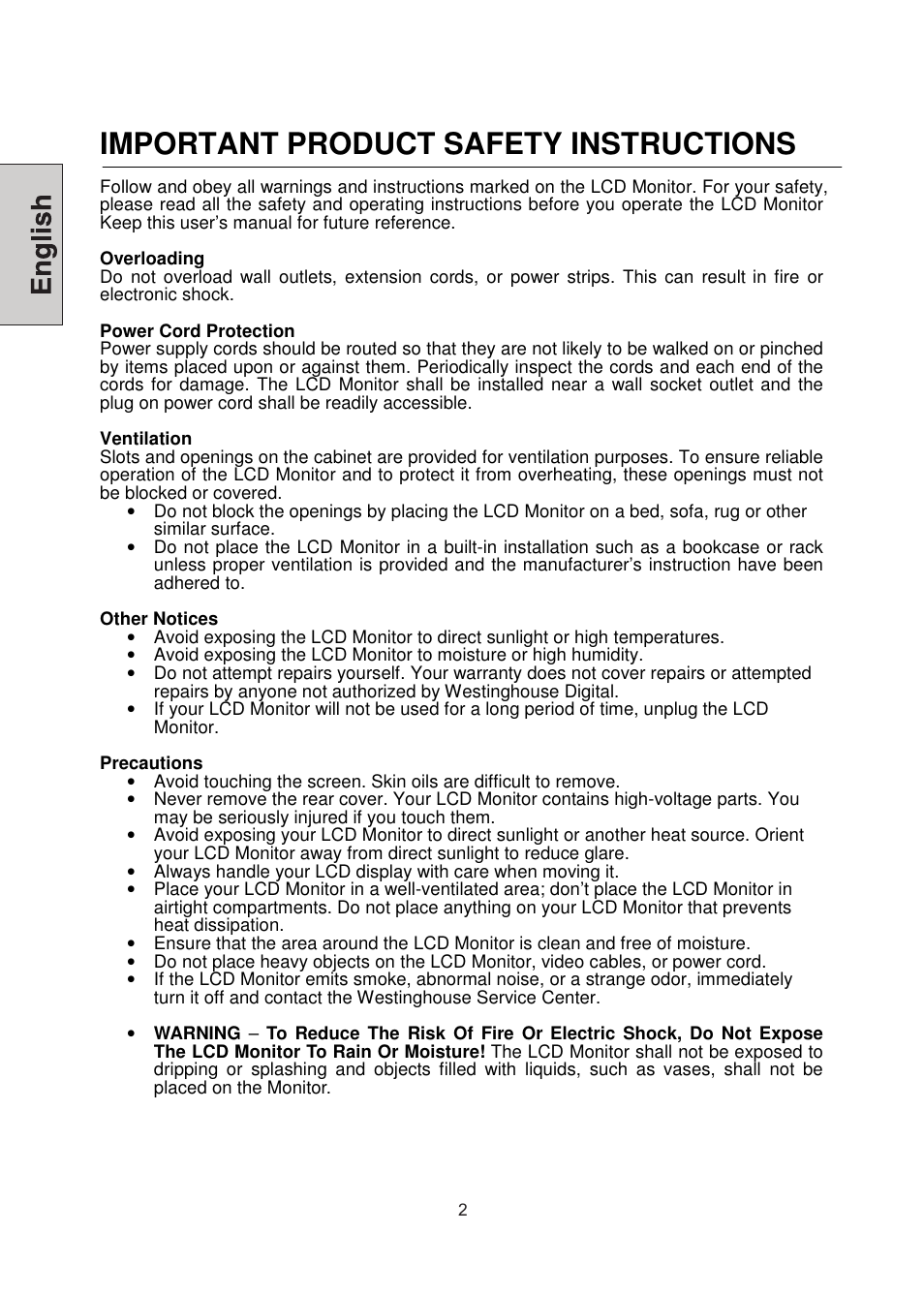 Important product safety instructions | Westinghouse LCM-22W3 User Manual | Page 4 / 64