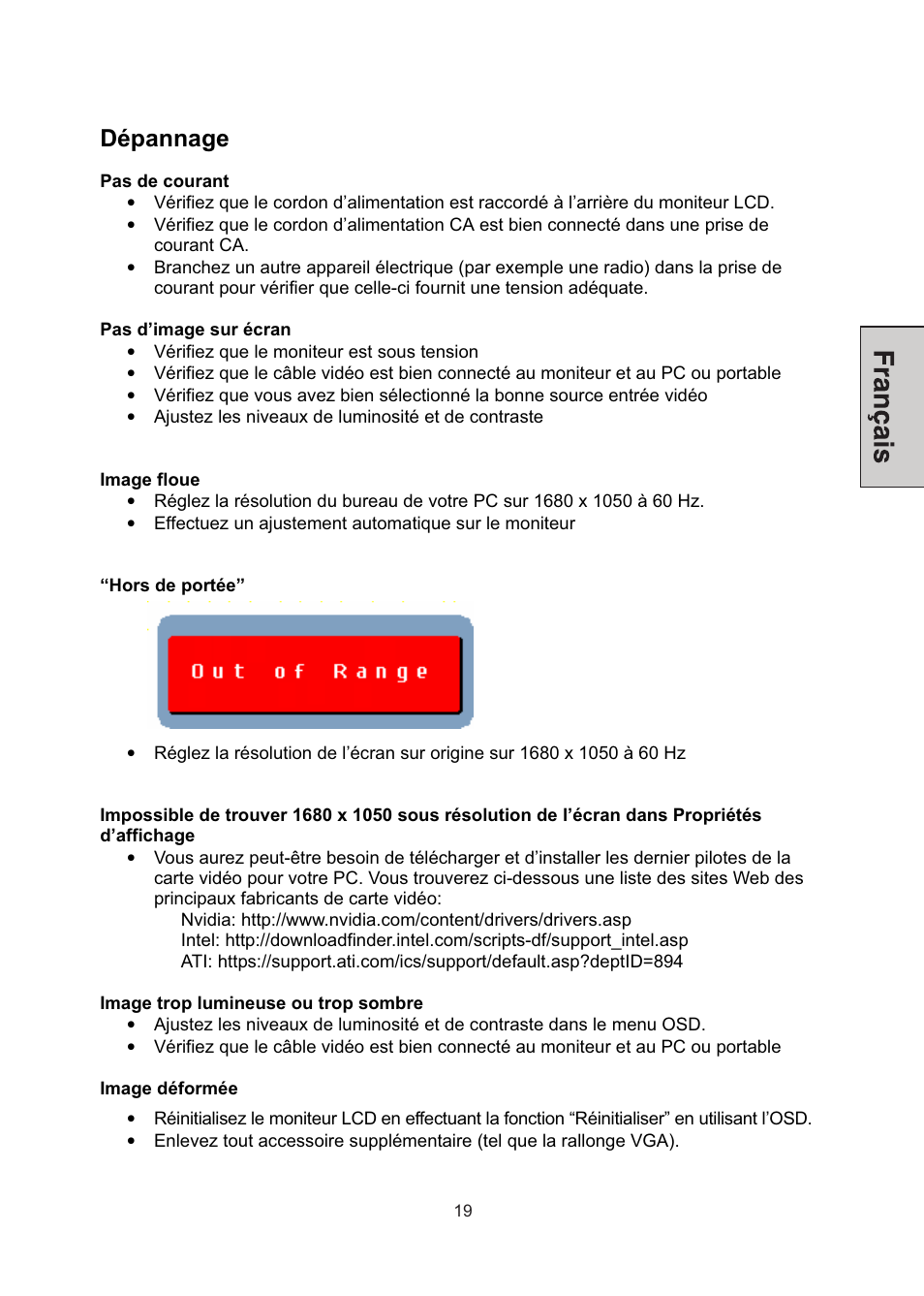Dépannage | Westinghouse LCM-22W3 User Manual | Page 41 / 64