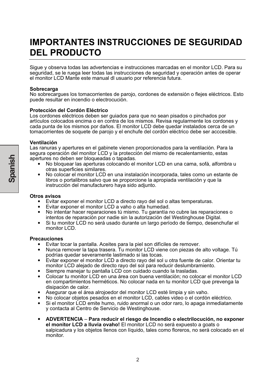 Spanish | Westinghouse LCM-22W3 User Manual | Page 44 / 64