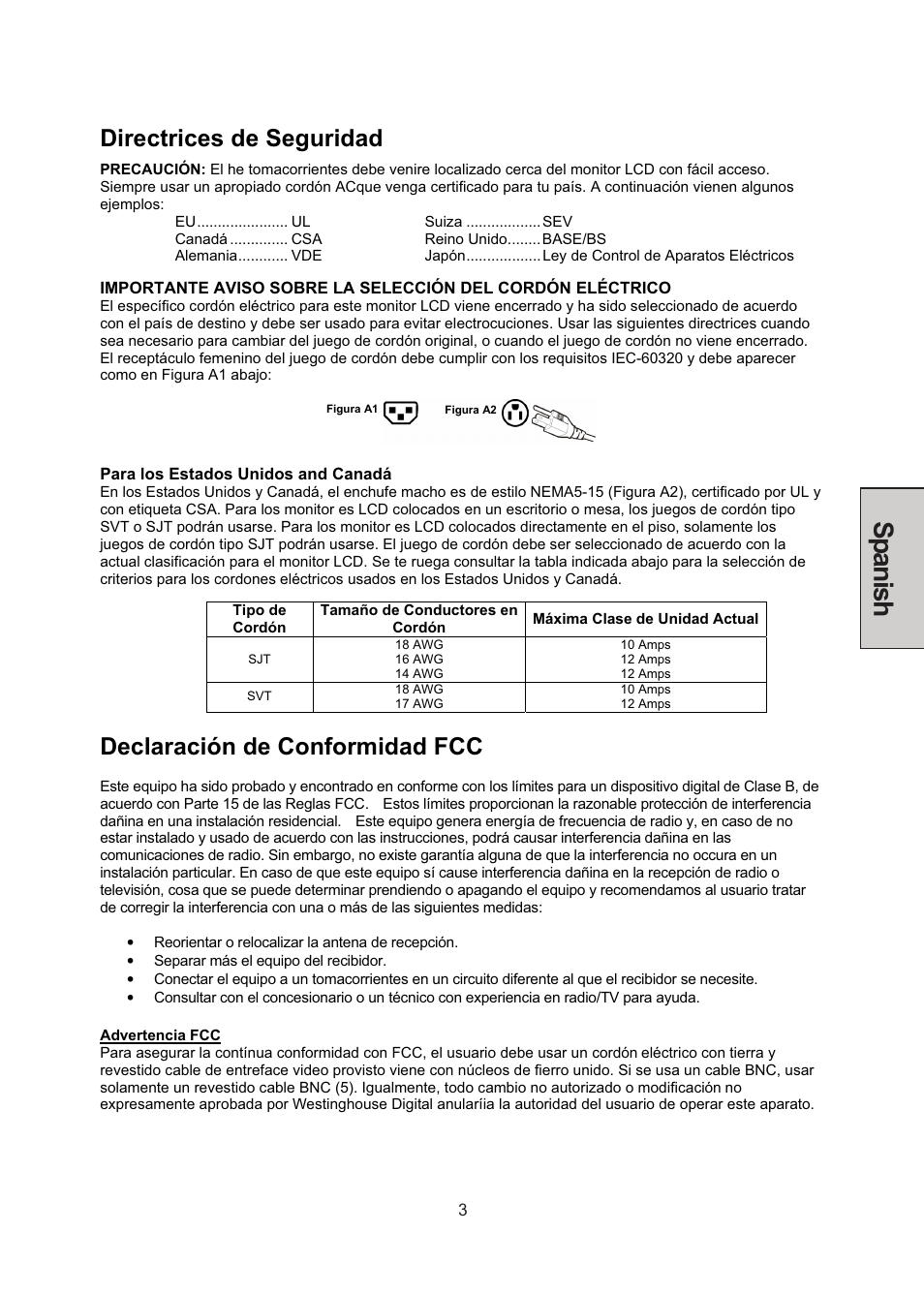 Spanish, Directrices de seguridad, Declaración de conformidad fcc | Westinghouse LCM-22W3 User Manual | Page 45 / 64