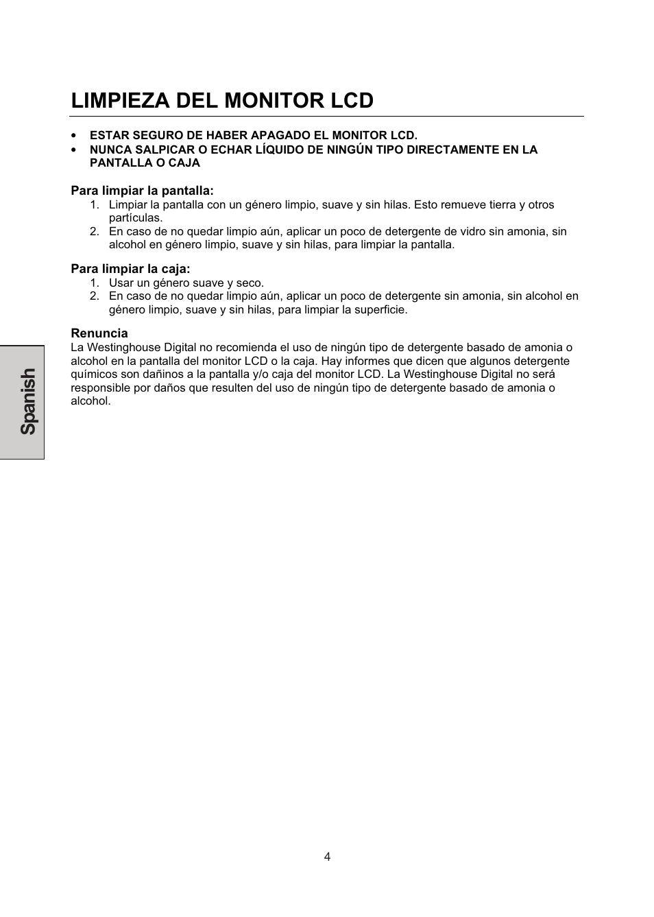 Limpieza del monitor lcd, Spanish | Westinghouse LCM-22W3 User Manual | Page 46 / 64