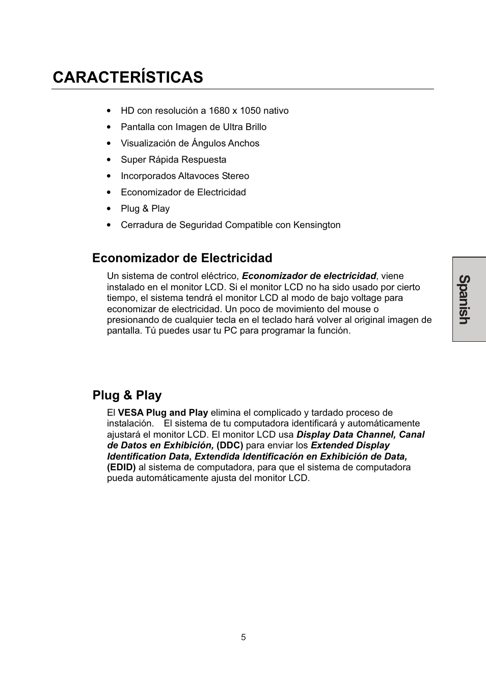 Características, Spanish | Westinghouse LCM-22W3 User Manual | Page 47 / 64