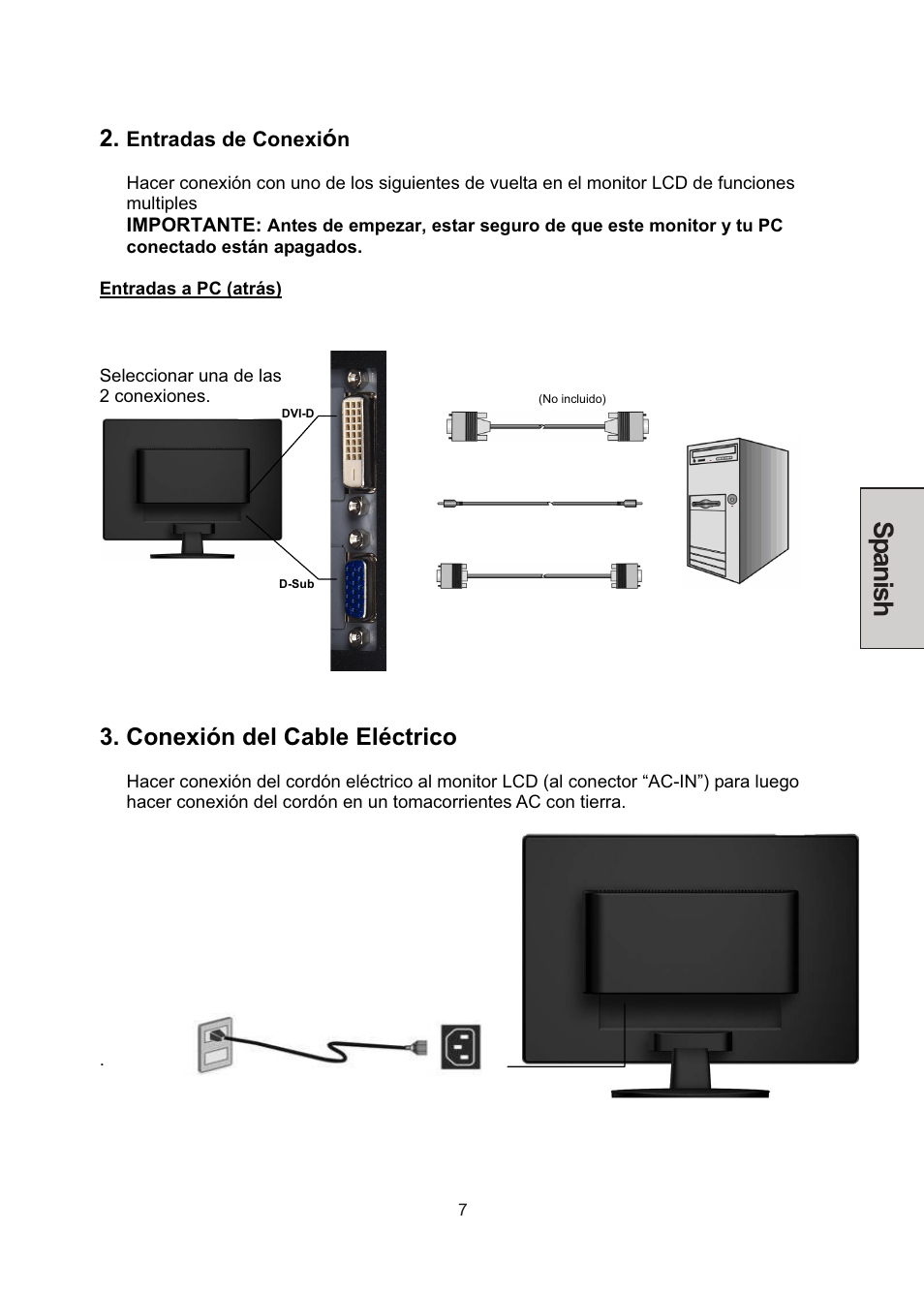 Spanish, Conexión del cable eléctrico | Westinghouse LCM-22W3 User Manual | Page 49 / 64