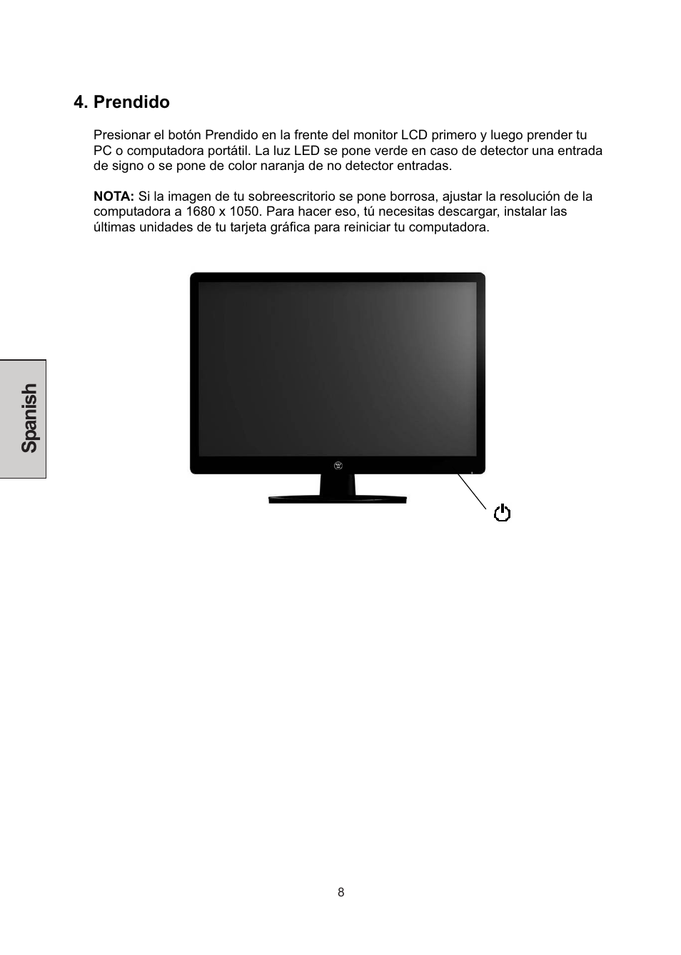 Spanish, Prendido | Westinghouse LCM-22W3 User Manual | Page 50 / 64