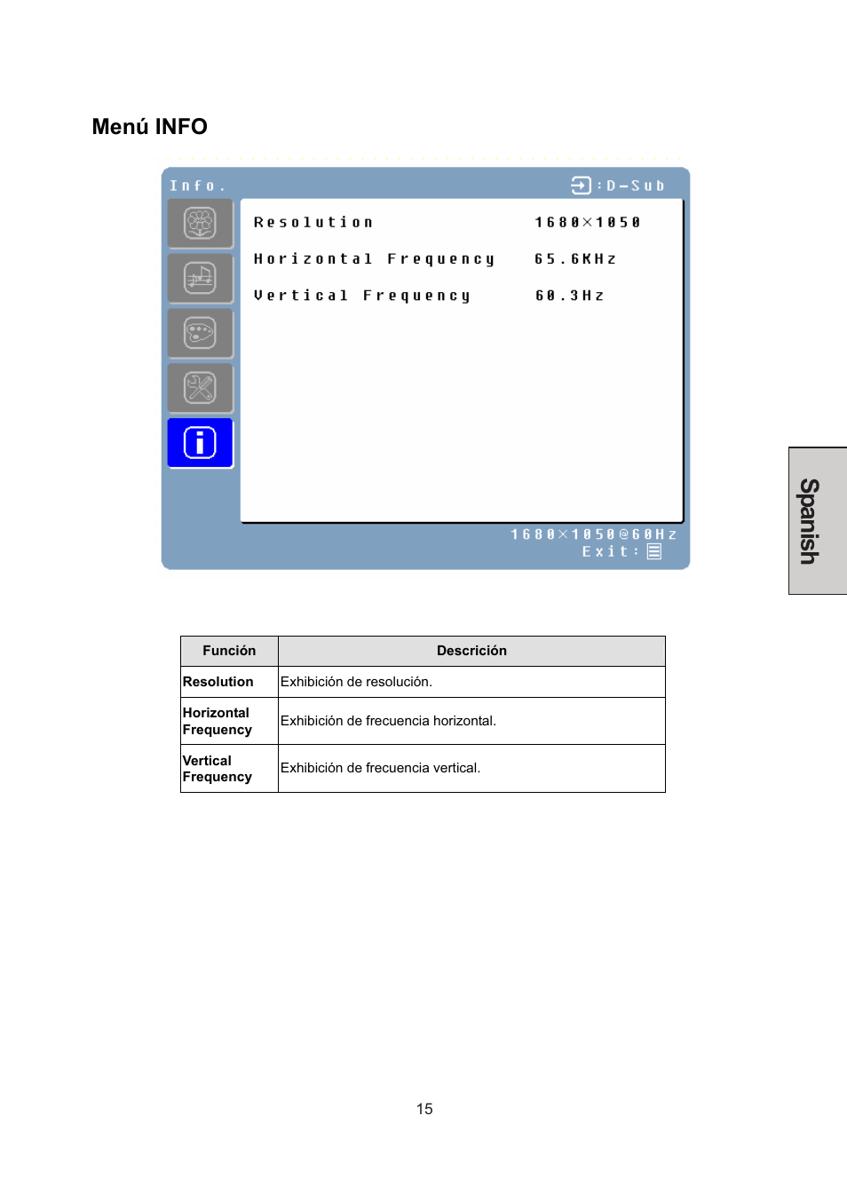 Spanish, Menú info | Westinghouse LCM-22W3 User Manual | Page 57 / 64