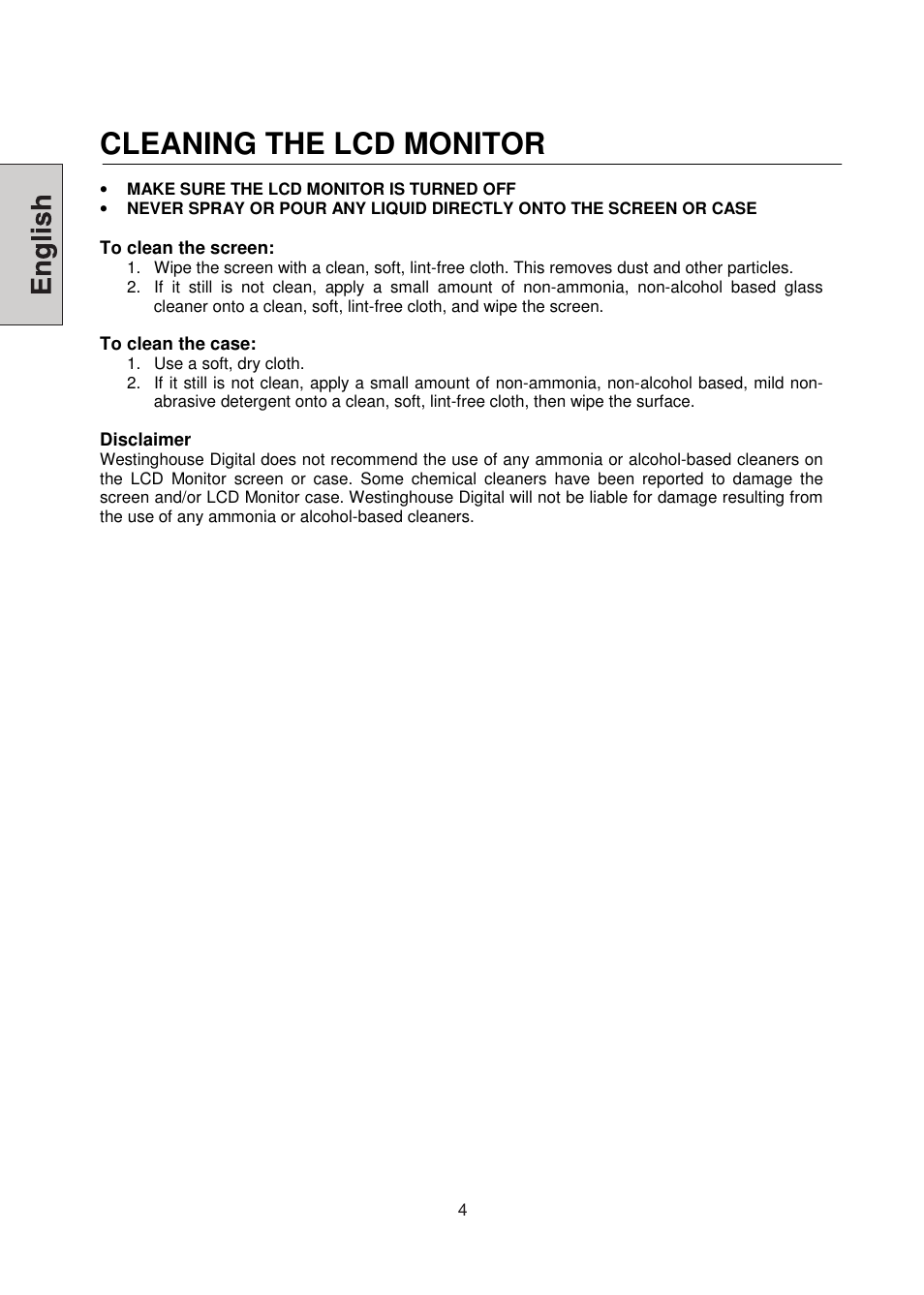 Cleaning the lcd monitor | Westinghouse LCM-22W3 User Manual | Page 6 / 64