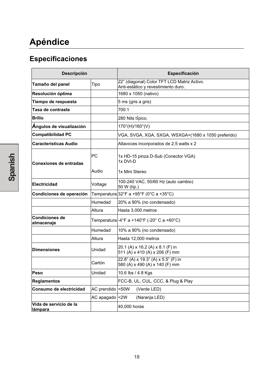 Apéndice, Spanish, Especificaciones | Westinghouse LCM-22W3 User Manual | Page 60 / 64