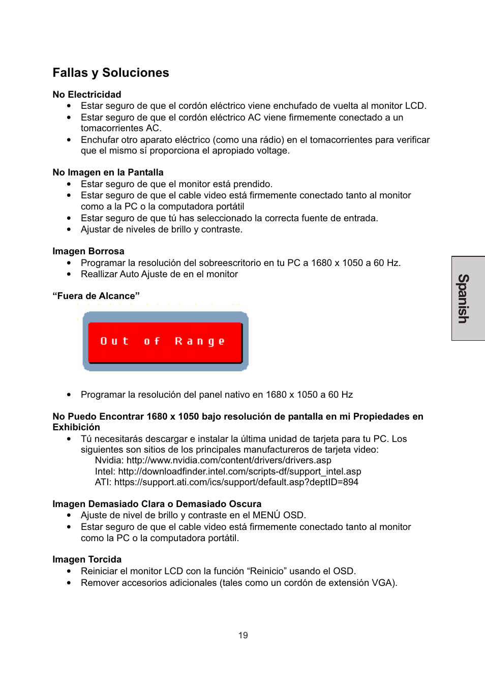 Spanish, Fallas y soluciones | Westinghouse LCM-22W3 User Manual | Page 61 / 64