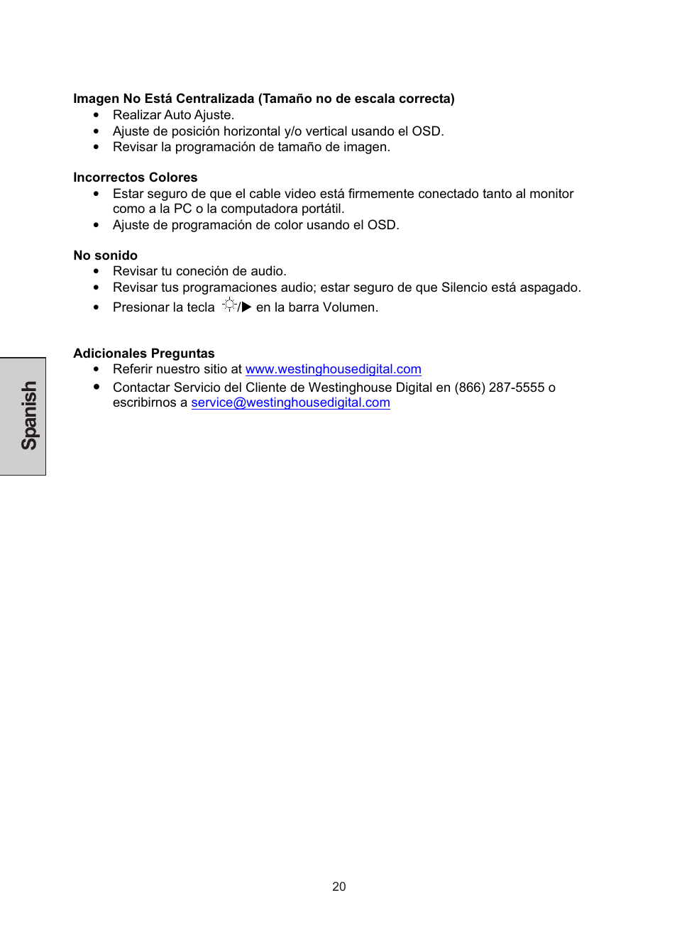 Spanish | Westinghouse LCM-22W3 User Manual | Page 62 / 64