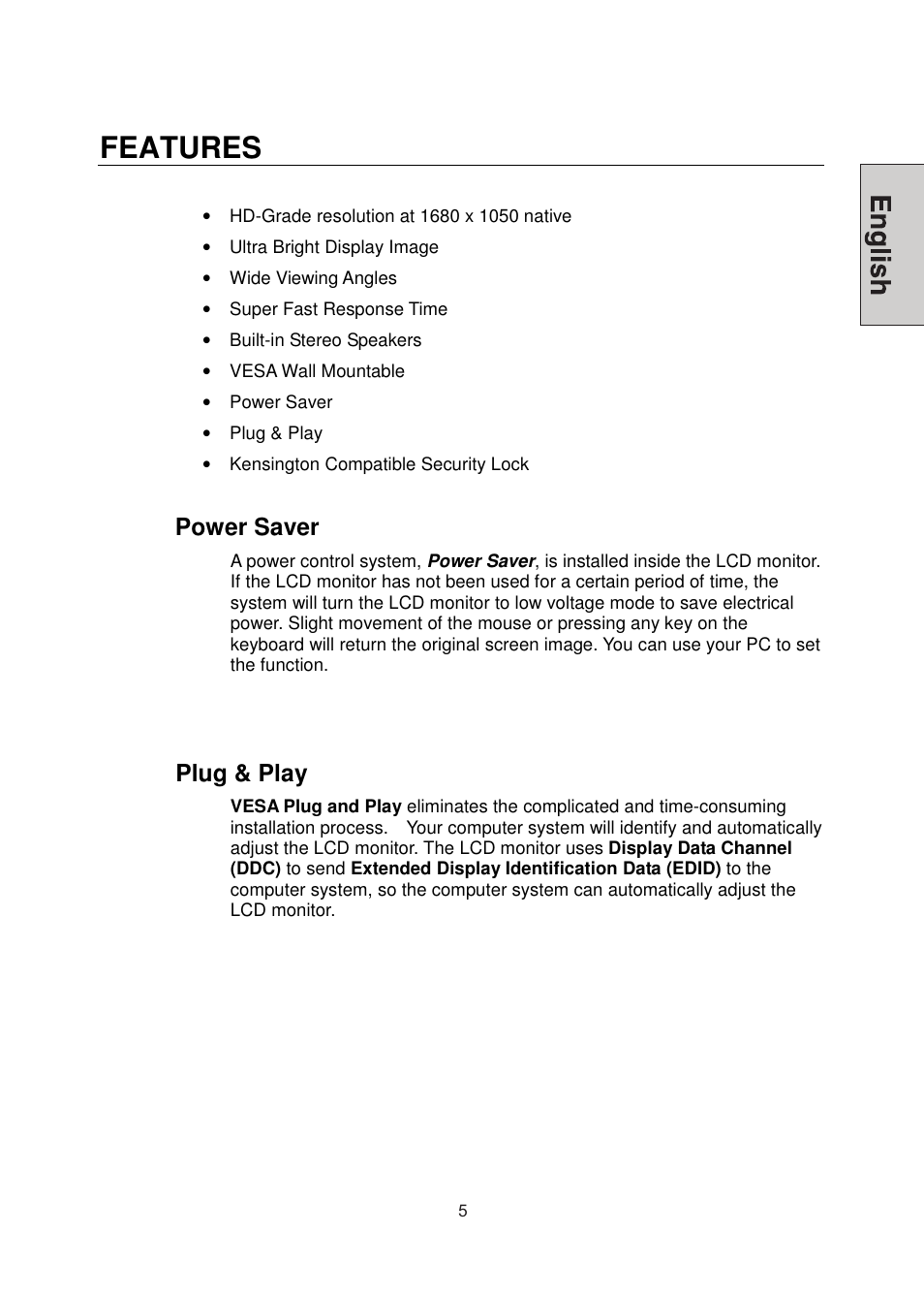 Features, Power saver, Plug & play | Westinghouse LCM-22W3 User Manual | Page 7 / 64