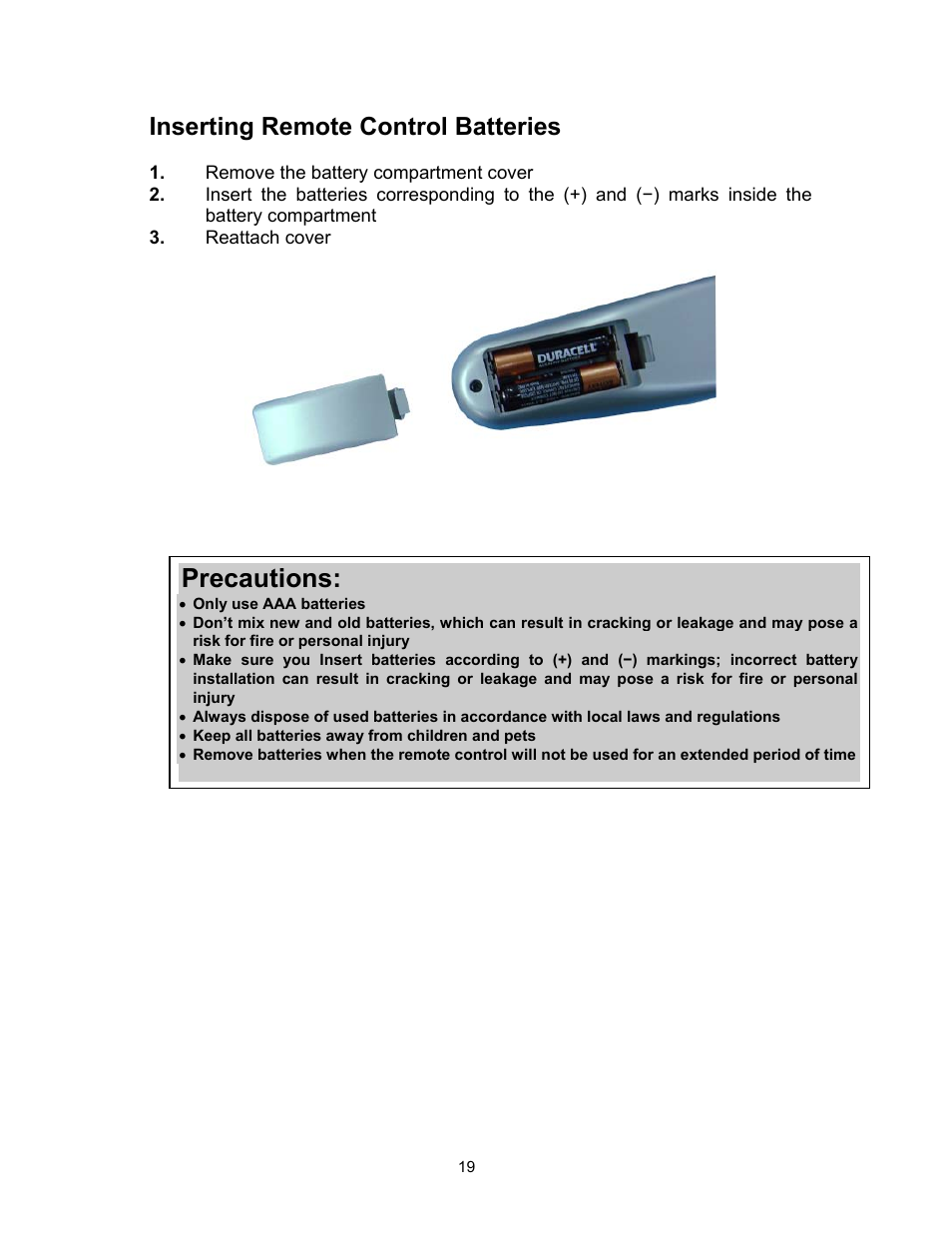 Precautions, Inserting remote control batteries | Westinghouse PT-19H520S User Manual | Page 19 / 44