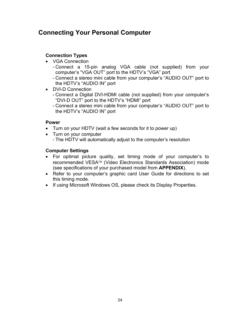 Connecting your personal computer | Westinghouse PT-19H520S User Manual | Page 24 / 44