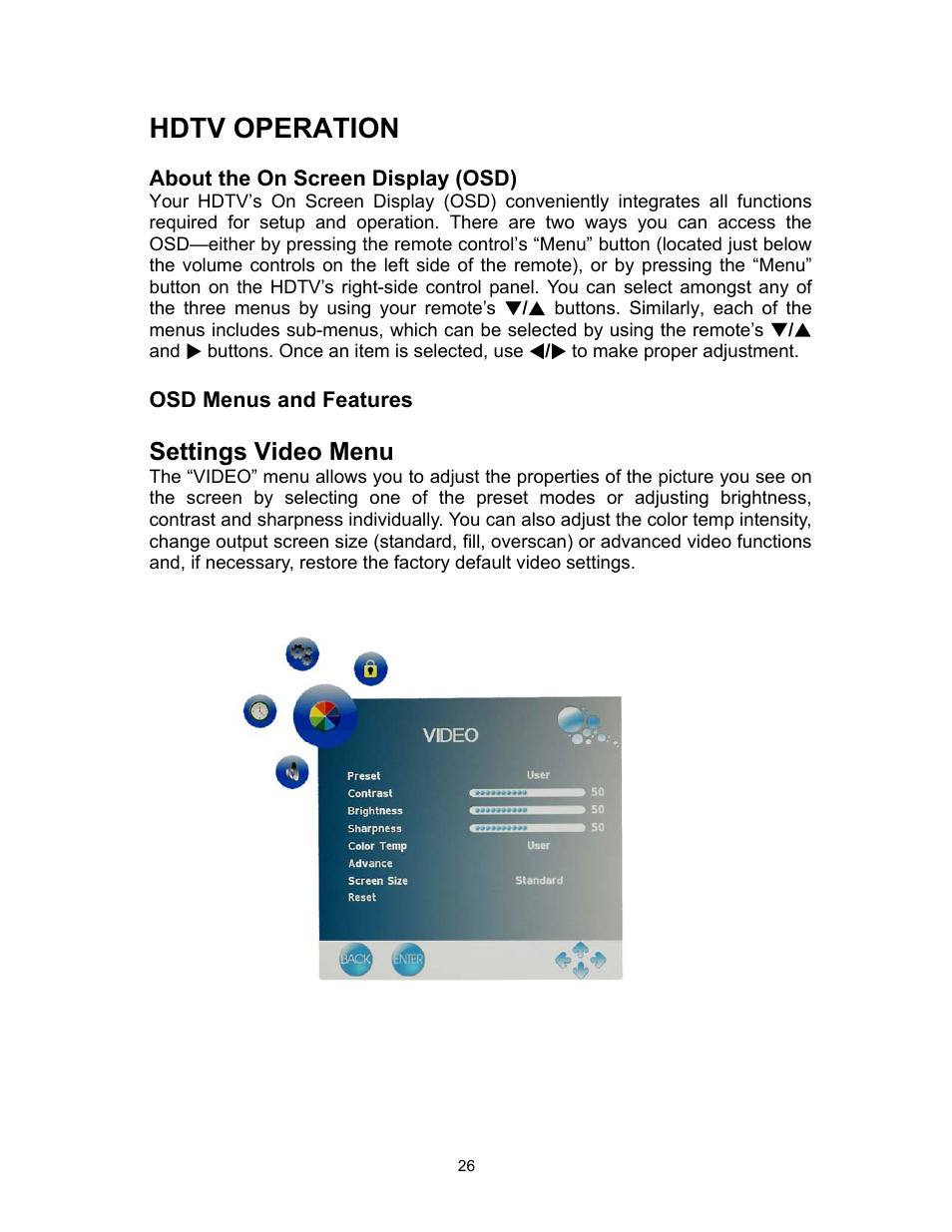 Hdtv operation, Settings video menu | Westinghouse PT-19H520S User Manual | Page 26 / 44