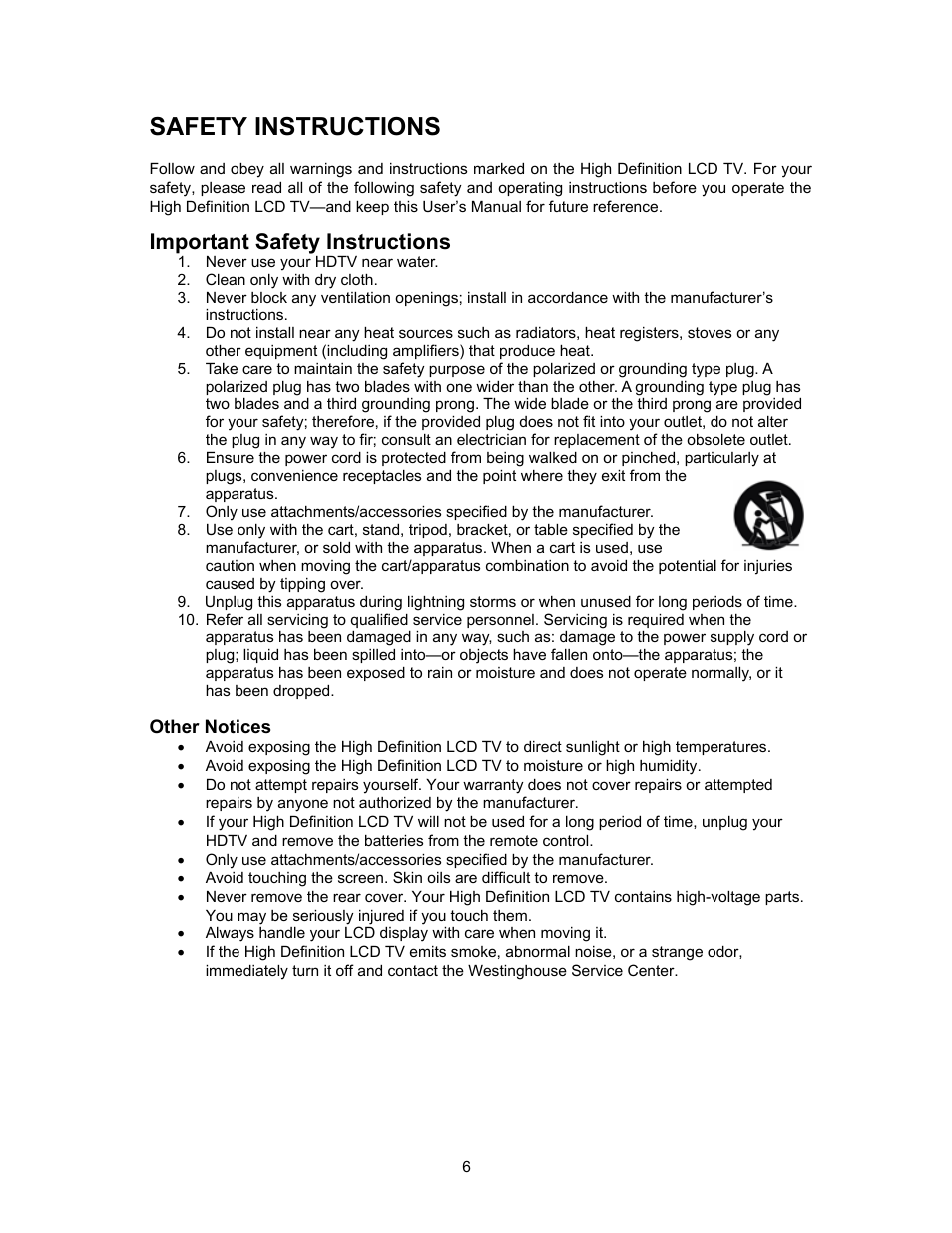 Safety instructions, Important safety instructions | Westinghouse PT-19H520S User Manual | Page 6 / 44