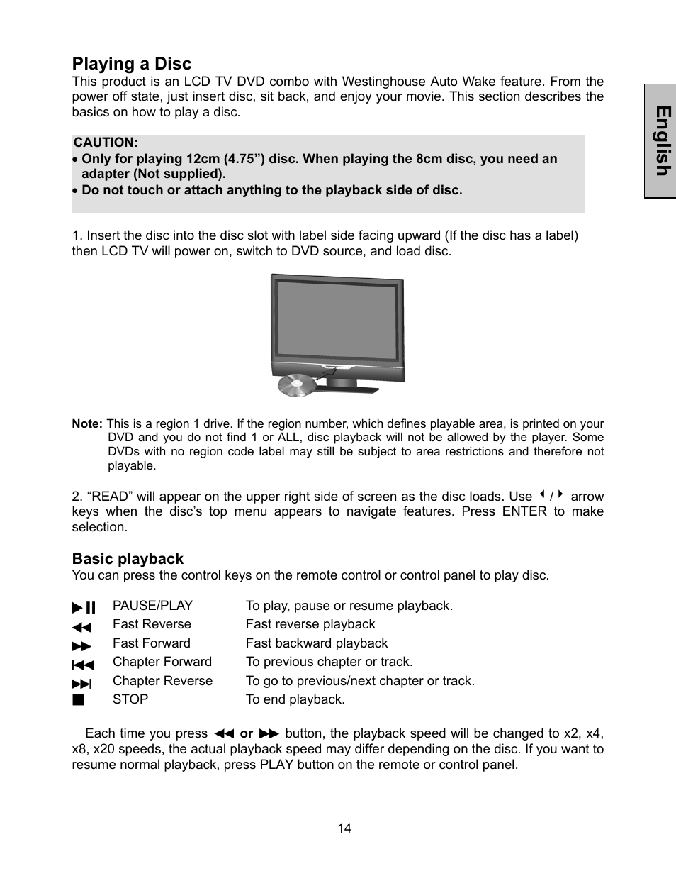 English, Playing a disc | Westinghouse LTV-32w4 User Manual | Page 15 / 27