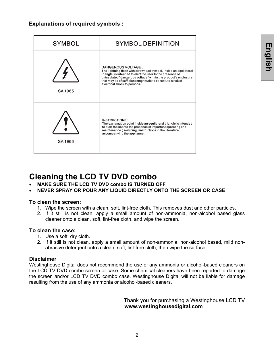 English, Cleaning the lcd tv dvd combo | Westinghouse LTV-32w4 User Manual | Page 3 / 27