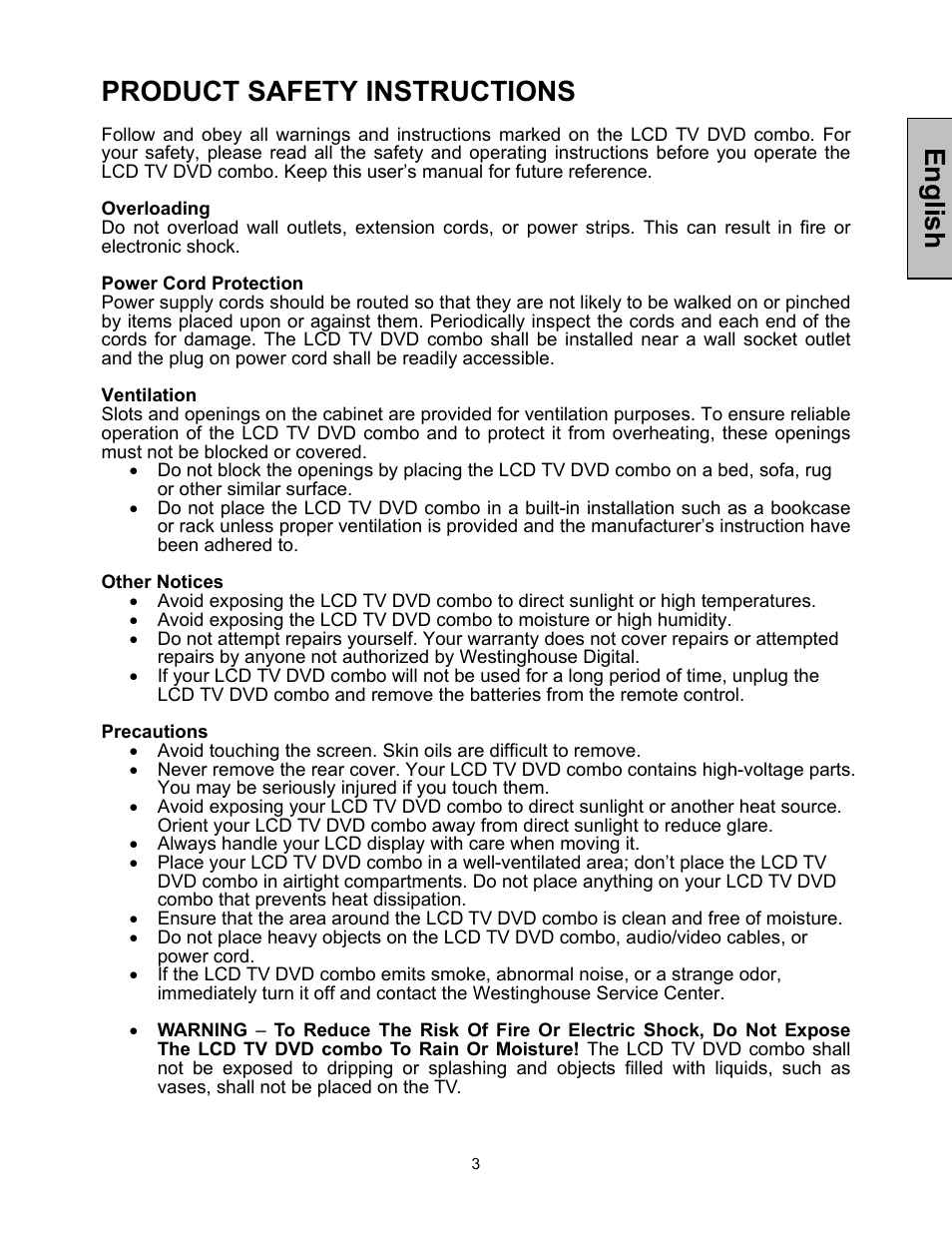 English, Product safety instructions | Westinghouse LTV-32w4 User Manual | Page 4 / 27