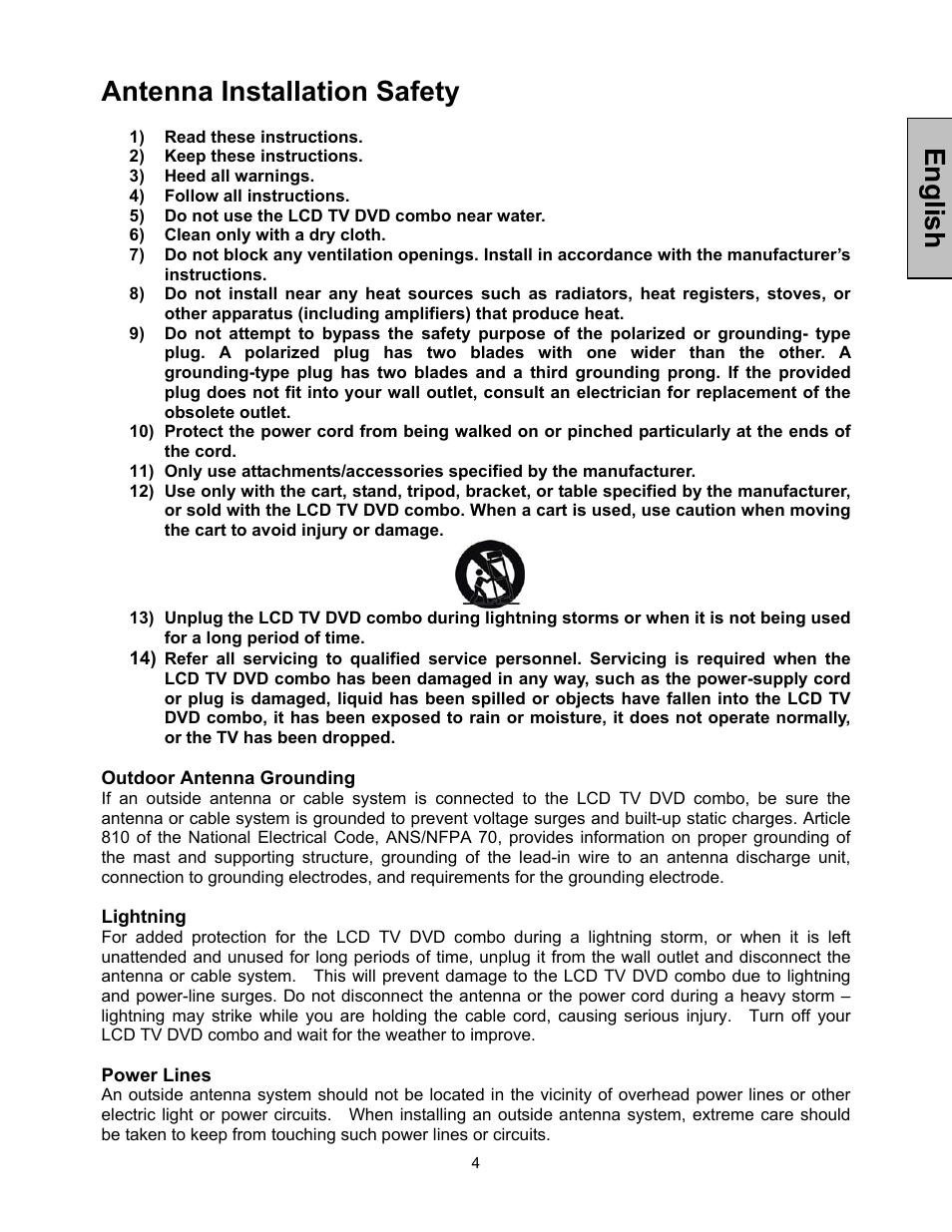 English, Antenna installation safety | Westinghouse LTV-32w4 User Manual | Page 5 / 27