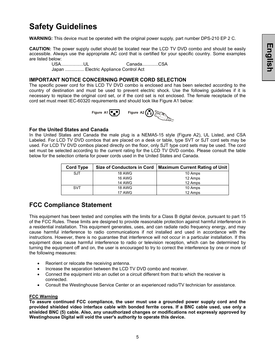 English, Safety guidelines, Fcc compliance statement | Westinghouse LTV-32w4 User Manual | Page 6 / 27