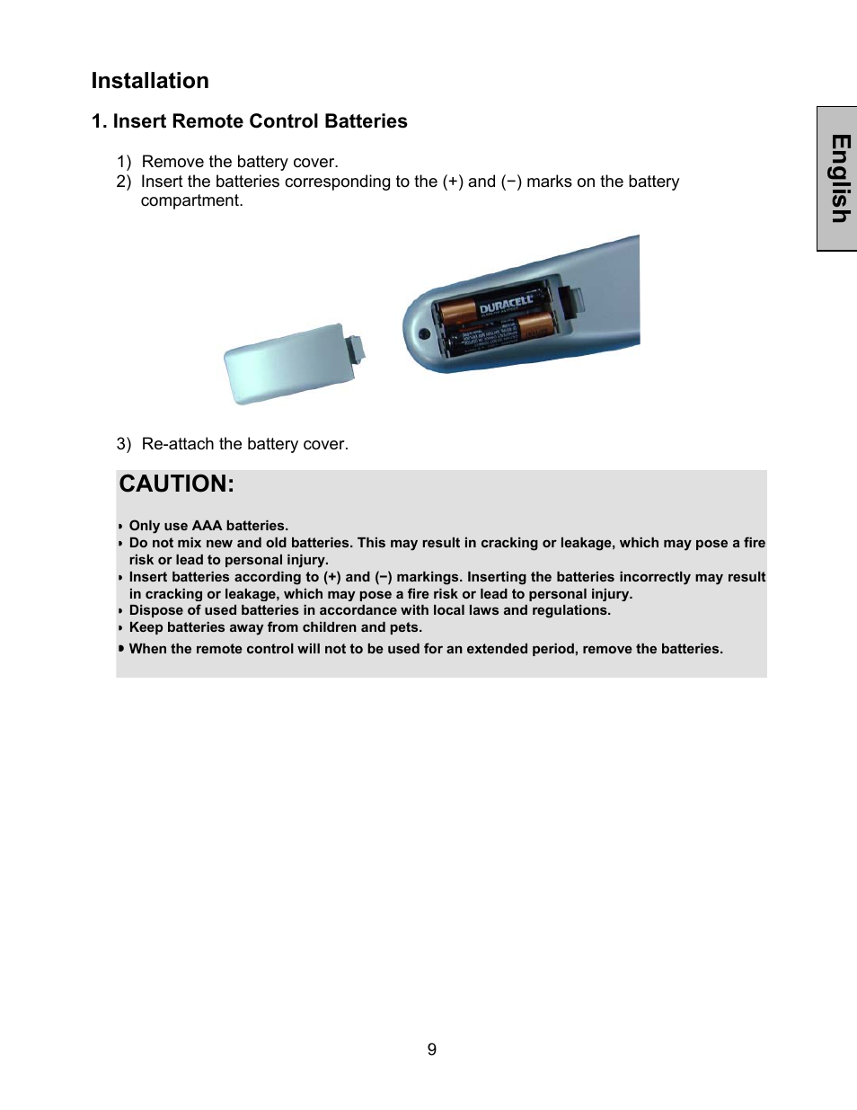 English, Caution, Installation | Insert remote control batteries | Westinghouse LVM-37w1 User Manual | Page 11 / 22