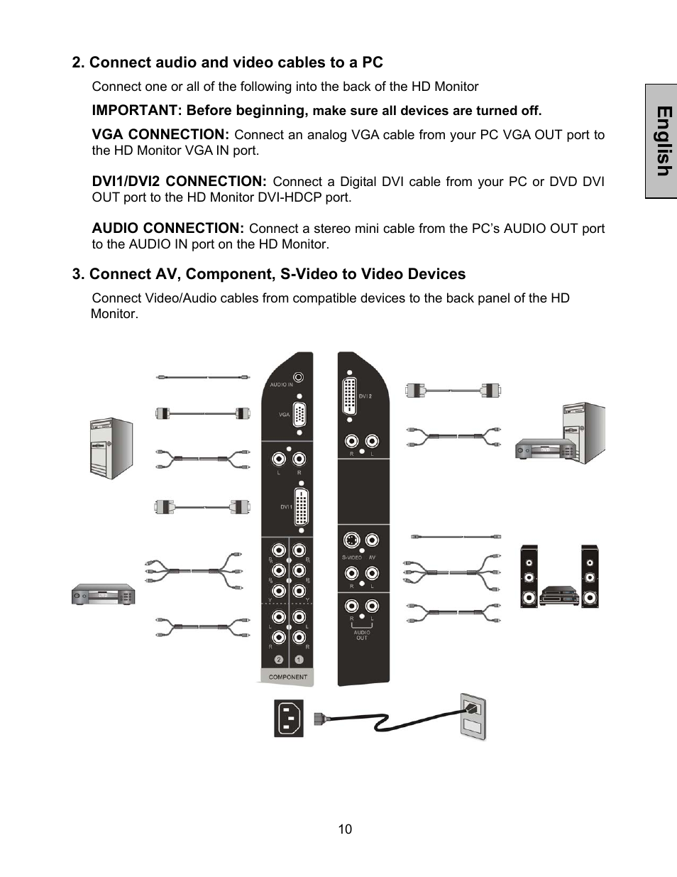 English, Connect audio and video cables to a pc, Connect av, component, s-video to video devices | Westinghouse LVM-37w1 User Manual | Page 12 / 22