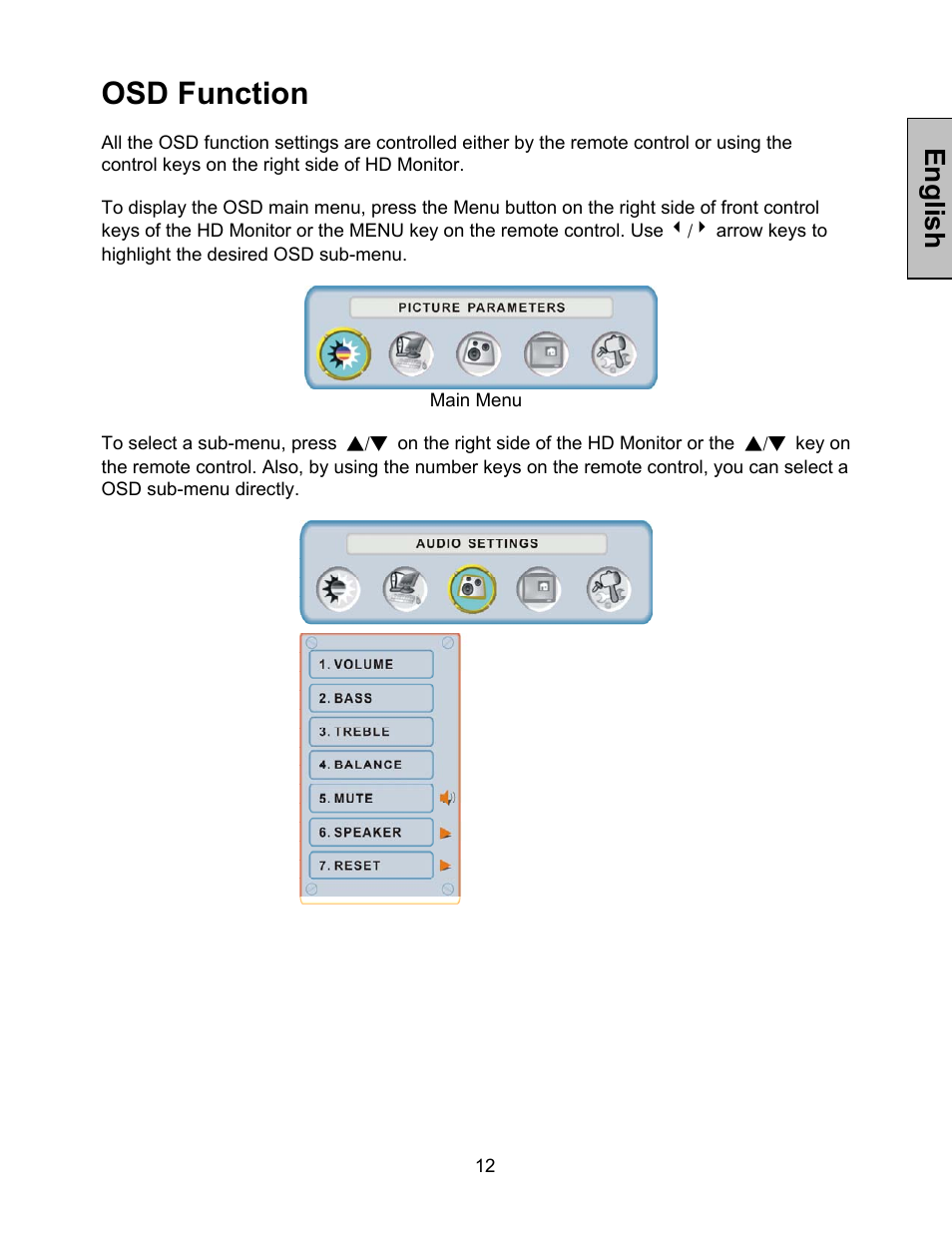 Osd function, English | Westinghouse LVM-37w1 User Manual | Page 14 / 22