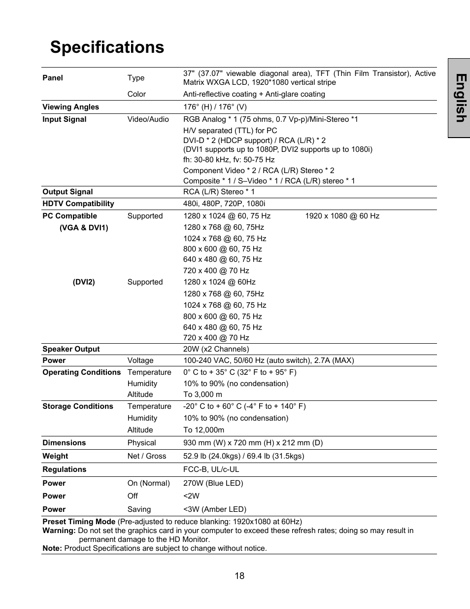 Specifications, English | Westinghouse LVM-37w1 User Manual | Page 20 / 22