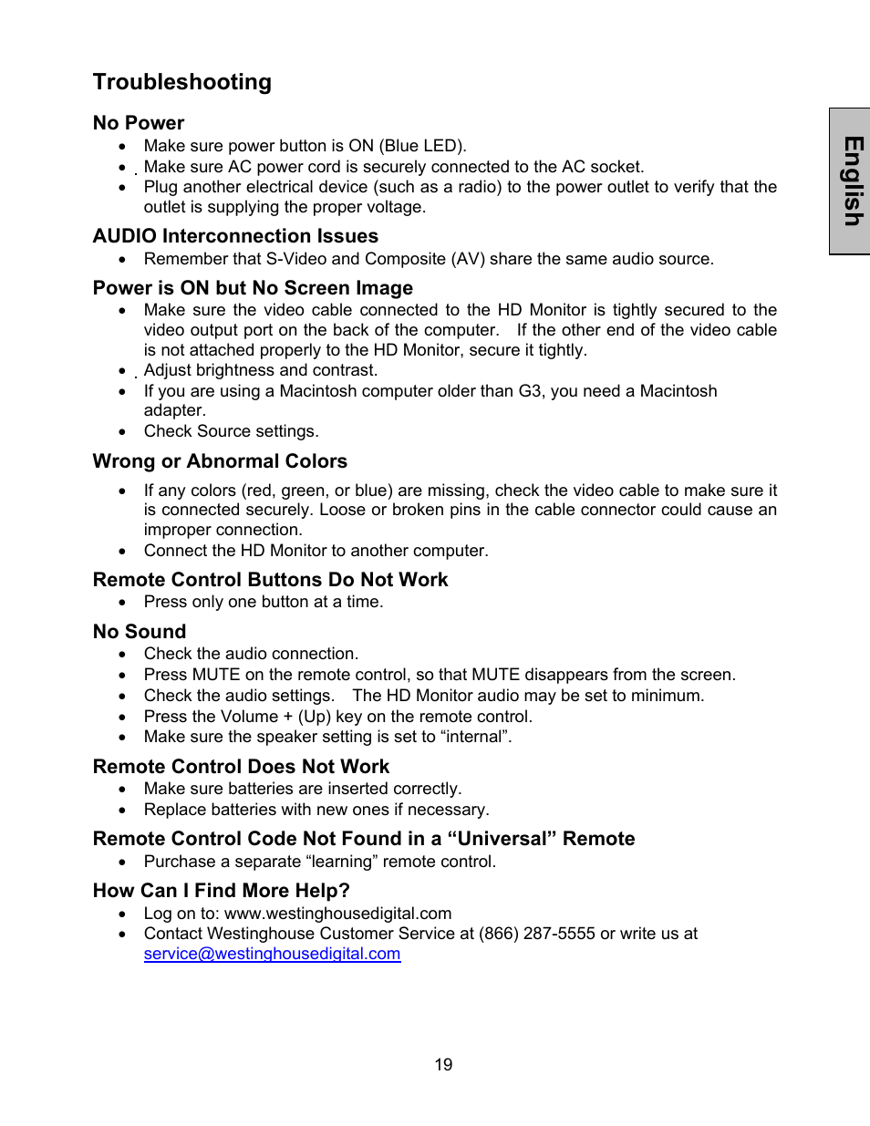 English, Troubleshooting, No power | Audio interconnection issues, Power is on but no screen image, Wrong or abnormal colors, Remote control buttons do not work, No sound, Remote control does not work, How can i find more help | Westinghouse LVM-37w1 User Manual | Page 21 / 22