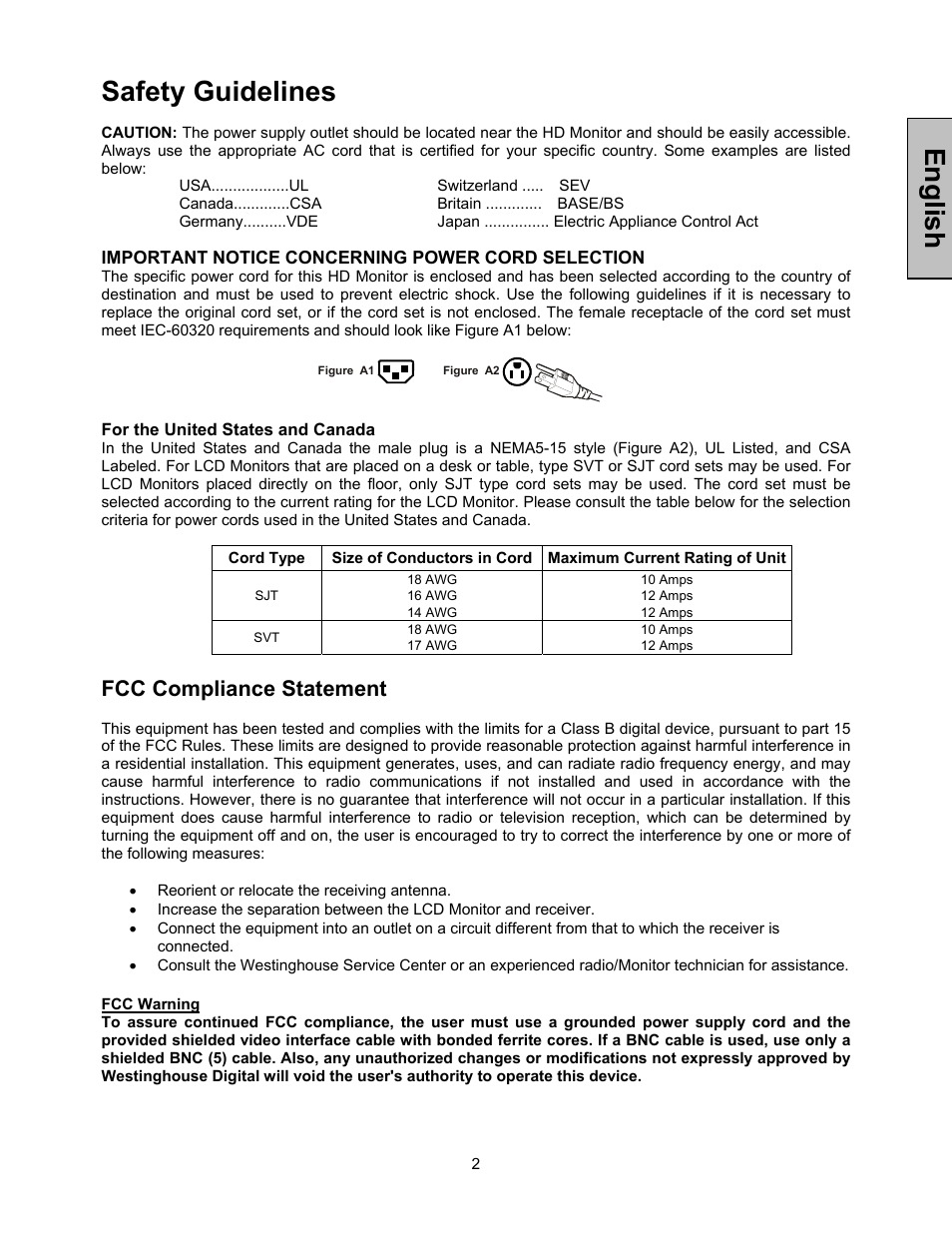 English, Safety guidelines, Fcc compliance statement | Westinghouse LVM-37w1 User Manual | Page 4 / 22