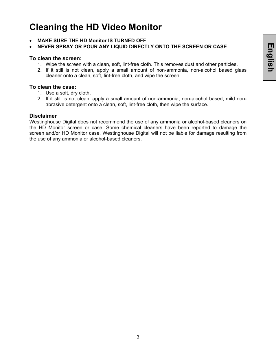Cleaning the hd video monitor, English | Westinghouse LVM-37w1 User Manual | Page 5 / 22