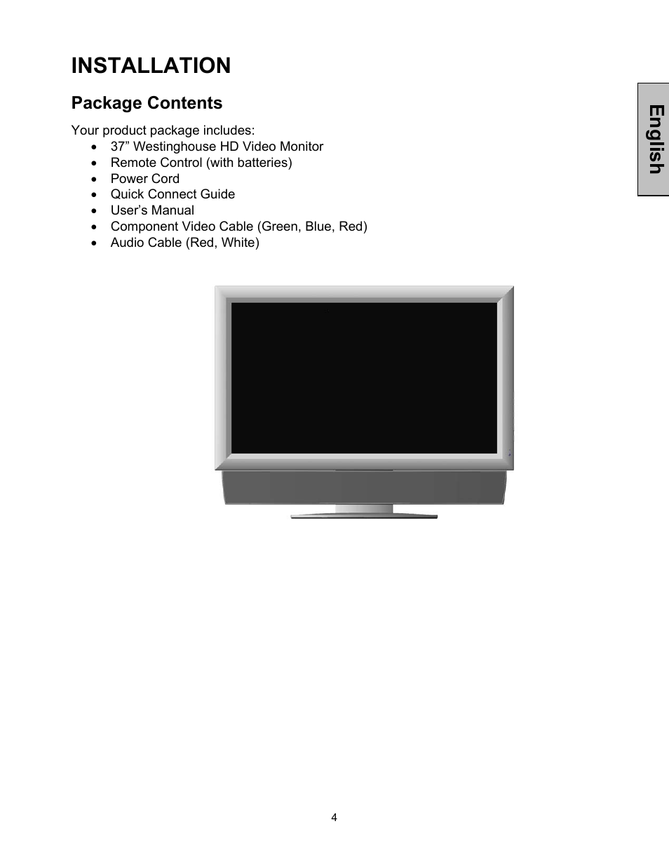 Installation, English, Package contents | Westinghouse LVM-37w1 User Manual | Page 6 / 22