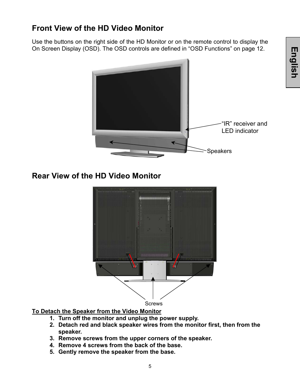 English, Front view of the hd video monitor, Rear view of the hd video monitor | Westinghouse LVM-37w1 User Manual | Page 7 / 22