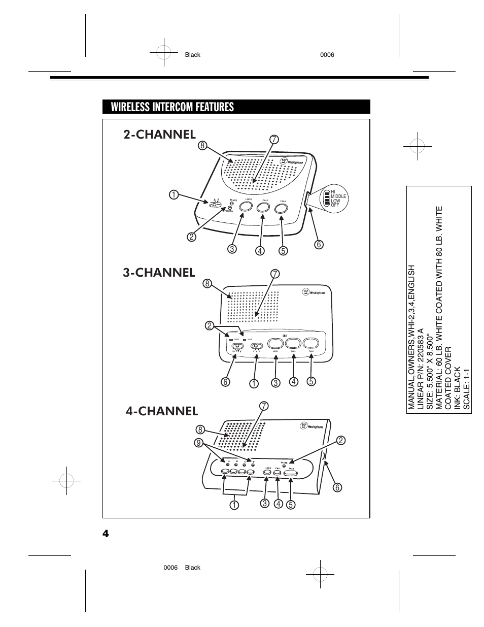 Wireless intercom features, Channel 3-channel 4-channel | Westinghouse WHI-4C User Manual | Page 6 / 8
