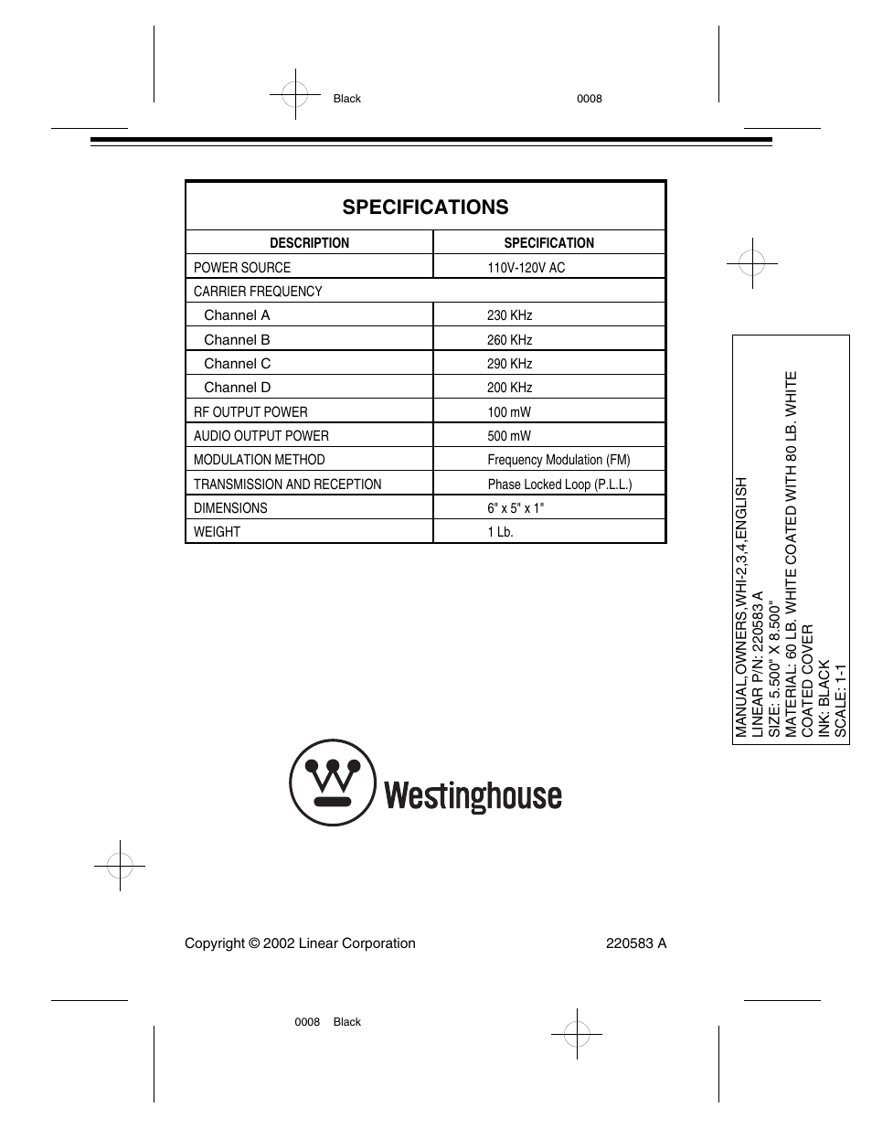 Specifications | Westinghouse WHI-4C User Manual | Page 8 / 8