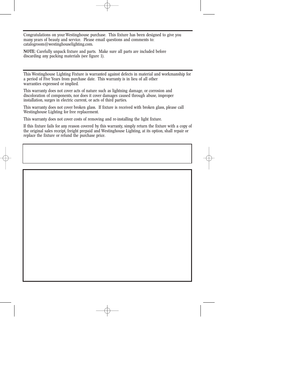 Assembly instructions for outdoor light fixture, Warranty information | Westinghouse W-229 User Manual | Page 2 / 12