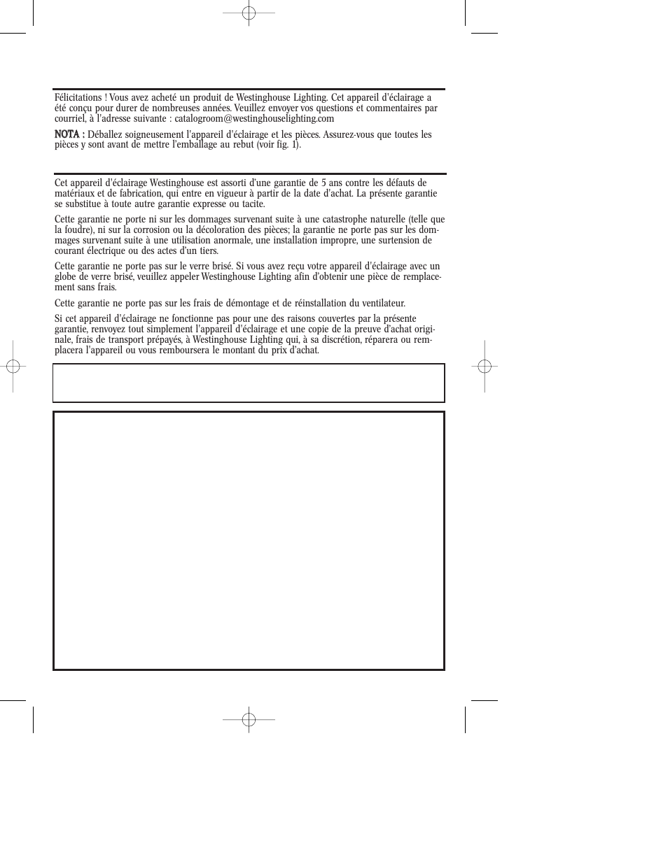 Garantie limitée de cinq ans | Westinghouse W-229 User Manual | Page 5 / 12