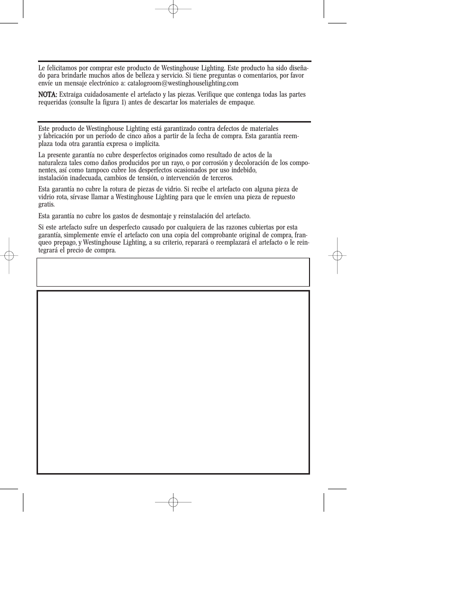 Garantía limitada de cinco años | Westinghouse W-229 User Manual | Page 8 / 12