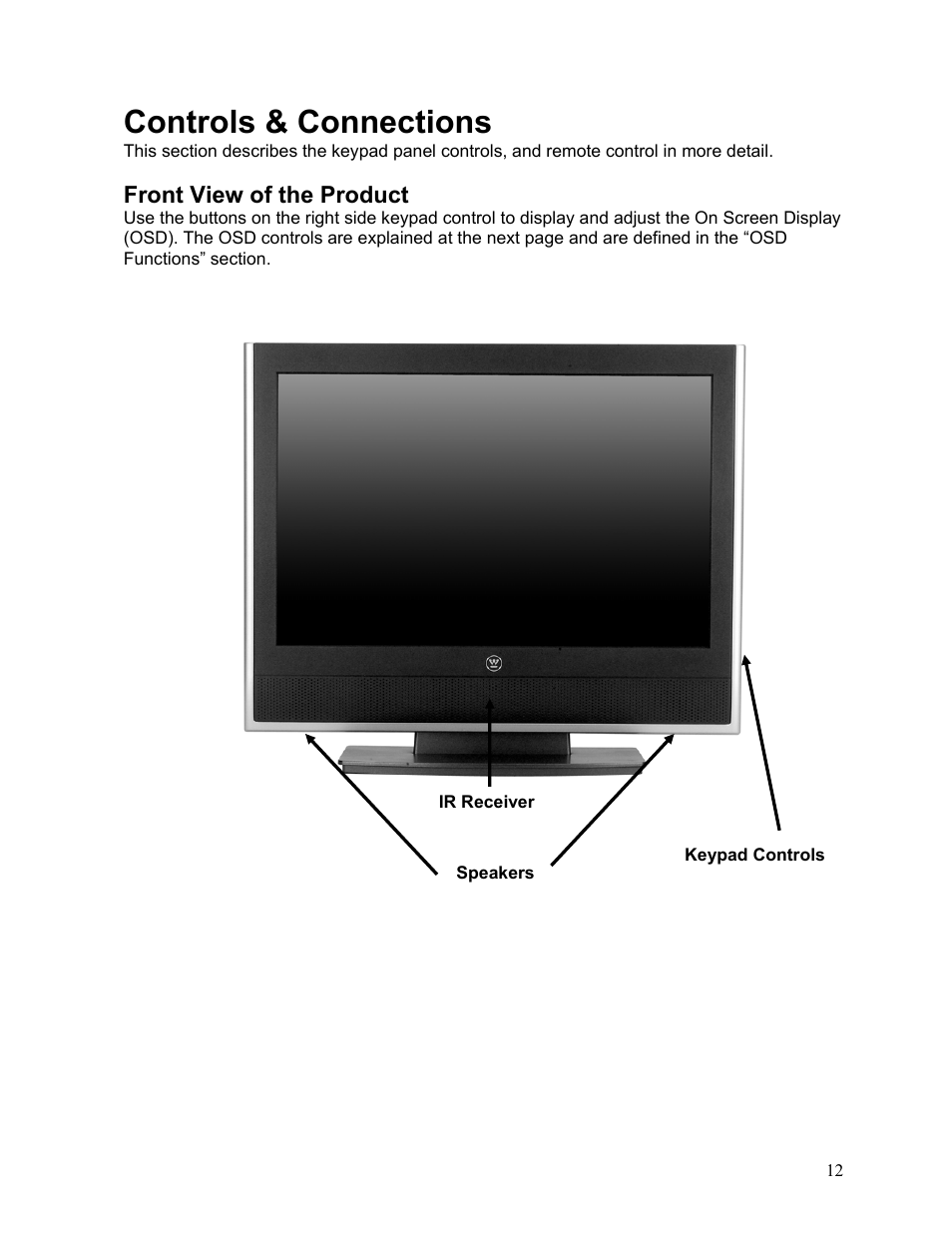 Controls & connections, Front view of the product | Westinghouse LTV-19w6 User Manual | Page 13 / 28