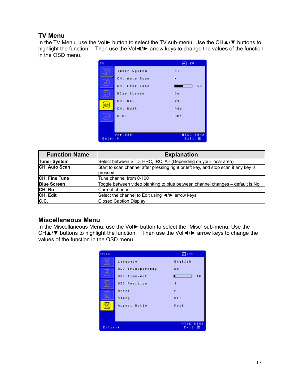 Tv menu, Miscellaneous menu | Westinghouse LTV-19w6 User Manual | Page 18 / 28