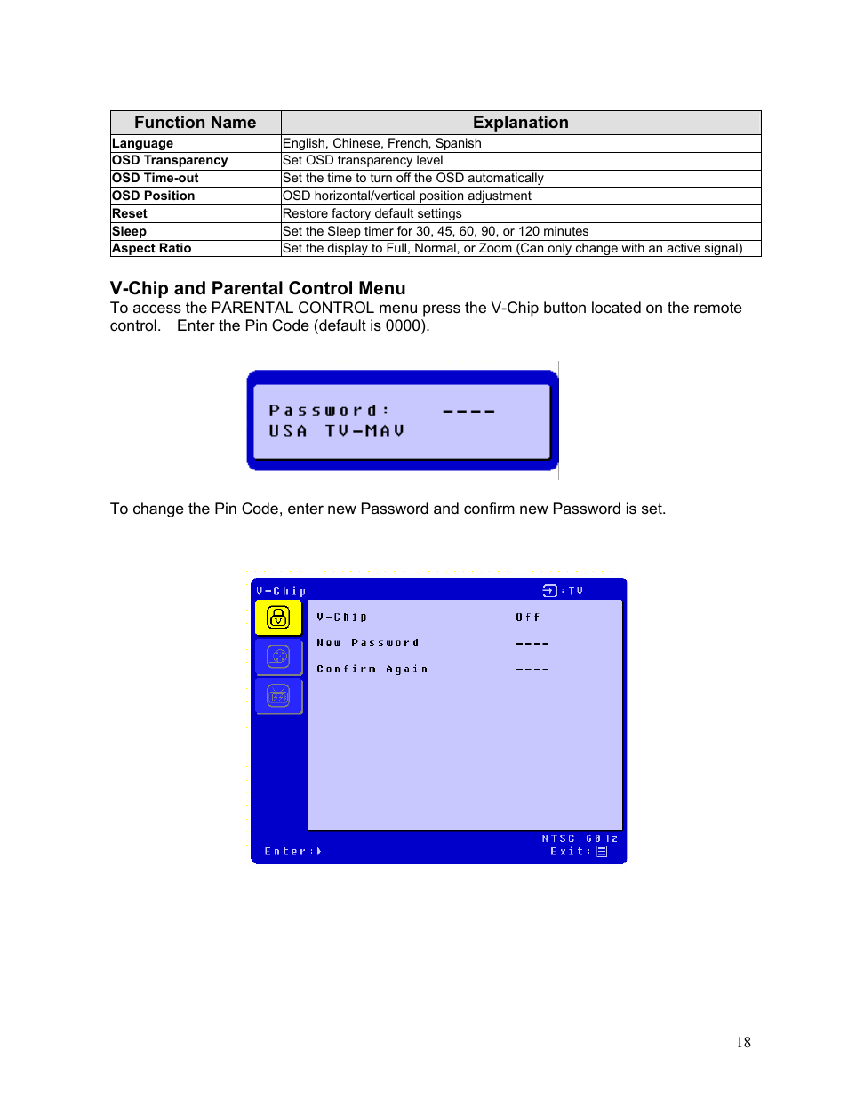 V-chip and parental control menu, Function name explanation | Westinghouse LTV-19w6 User Manual | Page 19 / 28