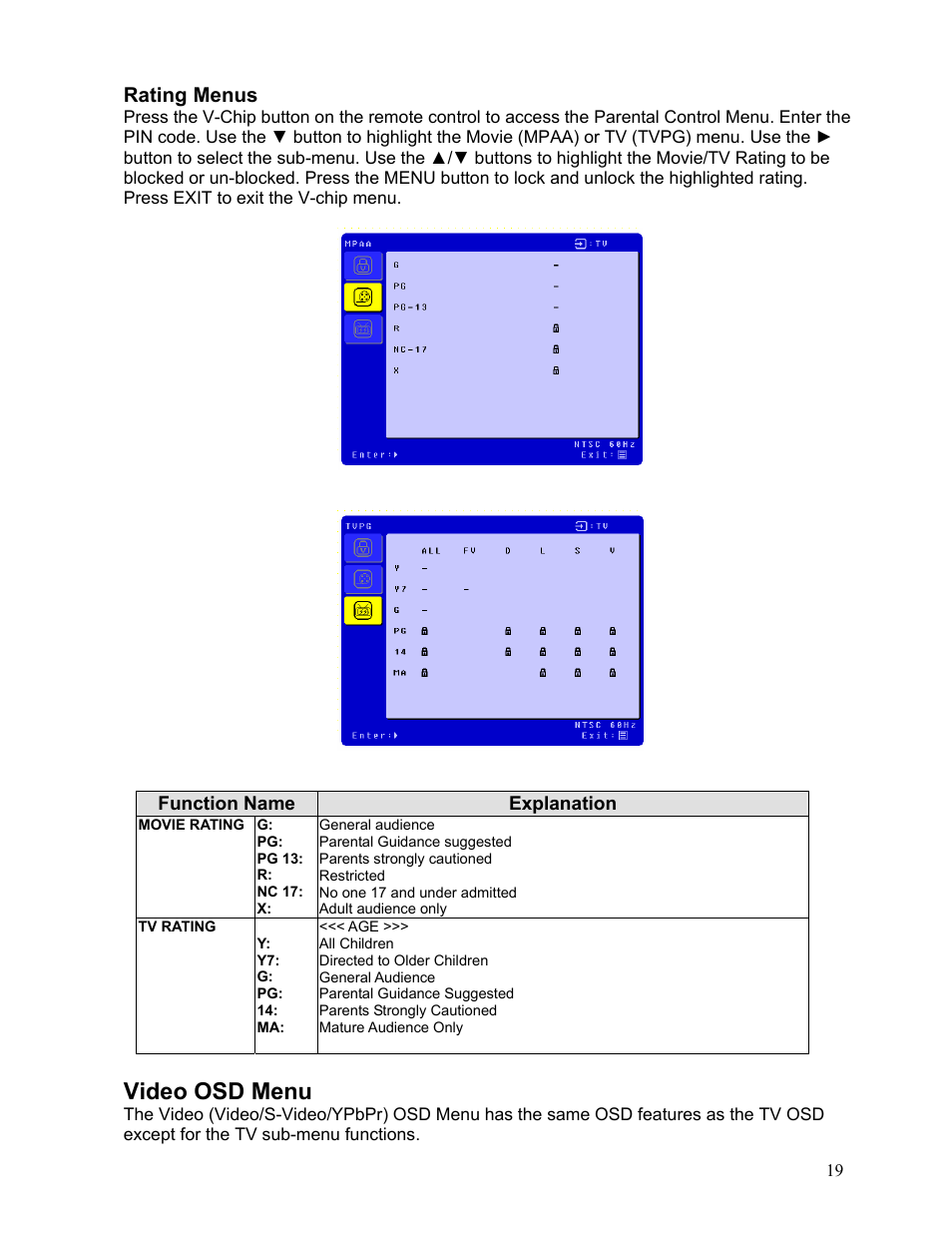 Video osd menu | Westinghouse LTV-19w6 User Manual | Page 20 / 28