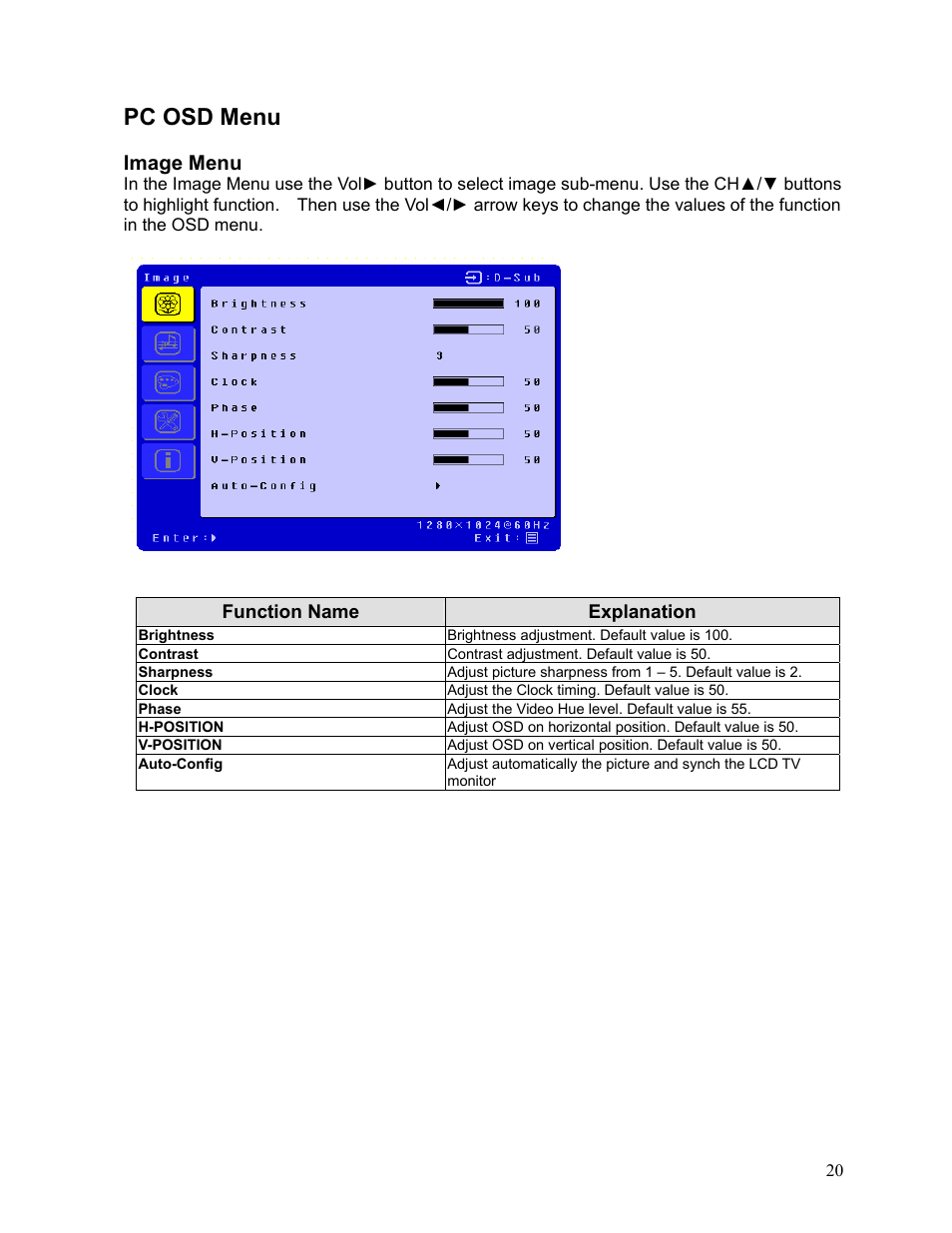 Pc osd menu, Image menu | Westinghouse LTV-19w6 User Manual | Page 21 / 28