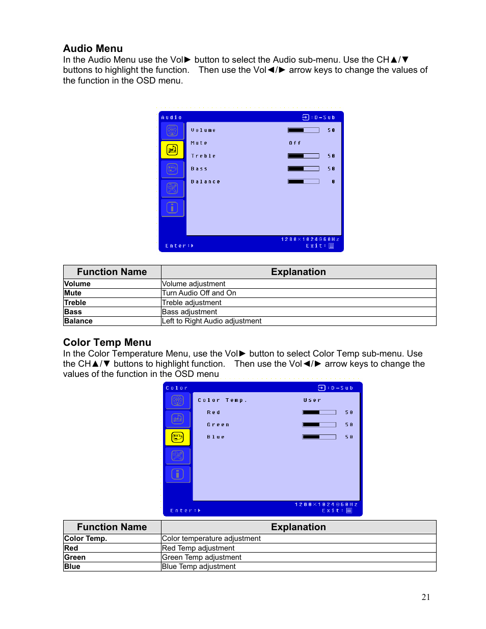 Audio menu, Color temp menu | Westinghouse LTV-19w6 User Manual | Page 22 / 28