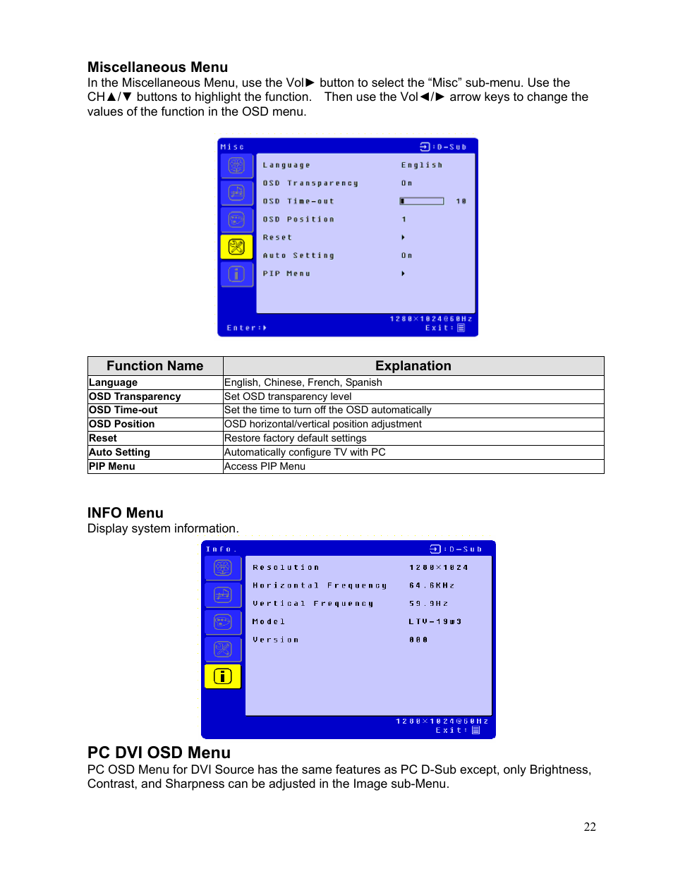 Pc dvi osd menu, Miscellaneous menu, Info menu | Westinghouse LTV-19w6 User Manual | Page 23 / 28