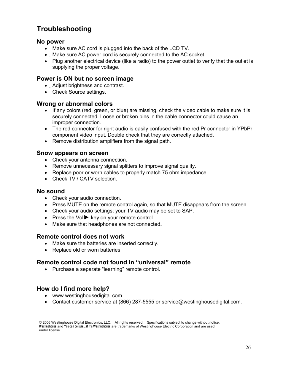 Troubleshooting | Westinghouse LTV-19w6 User Manual | Page 27 / 28