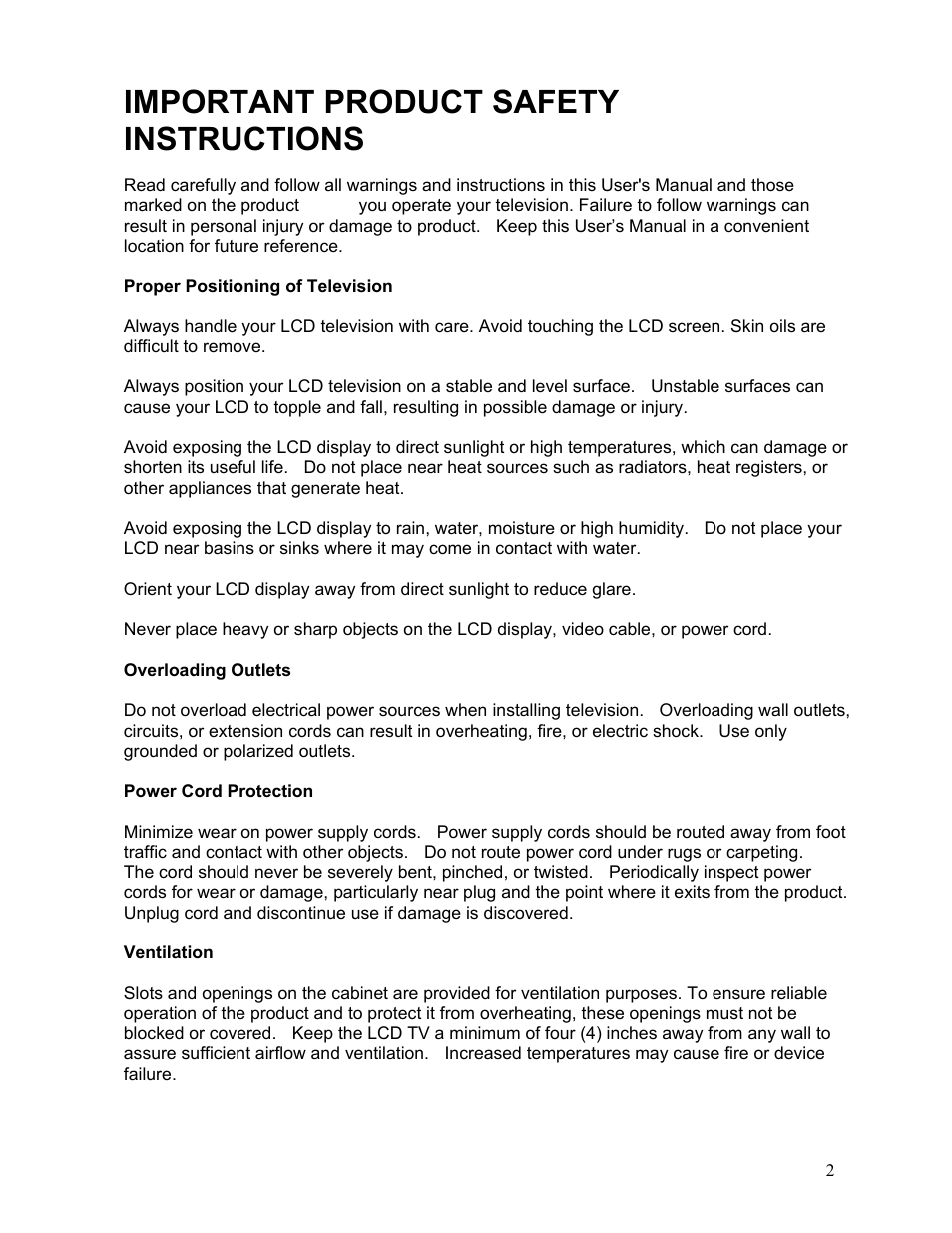 Important product safety instructions | Westinghouse LTV-19w6 User Manual | Page 3 / 28
